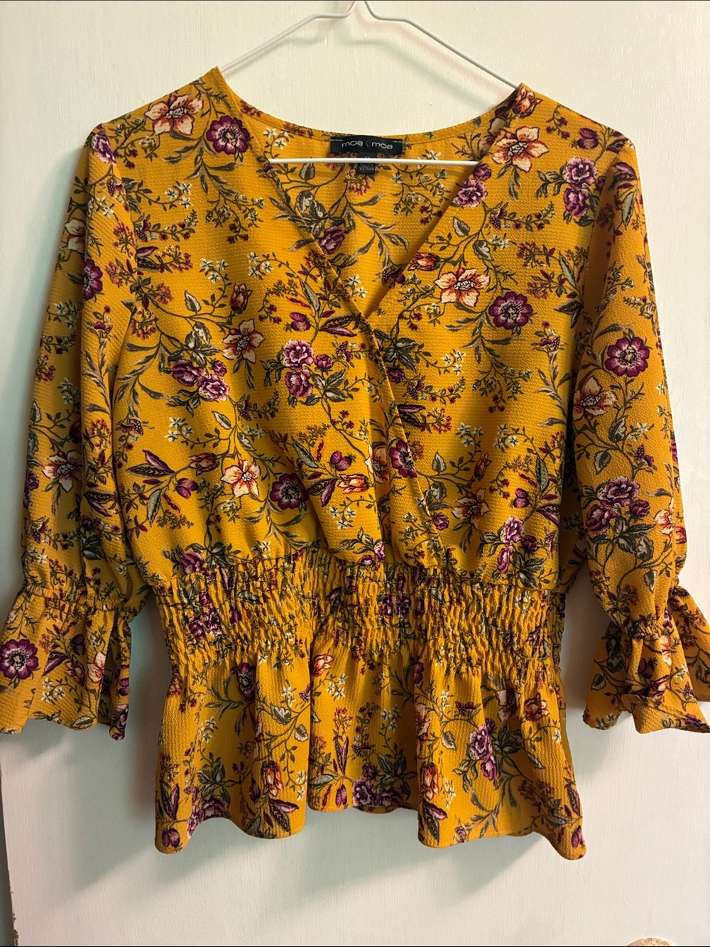 Moa Moa Mustard Floral Smocked Wrap Blouse